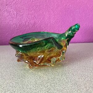 VTG Murano Glass Conch Shell Bowl Green Amber Sommerso JICO Italy Mid Century